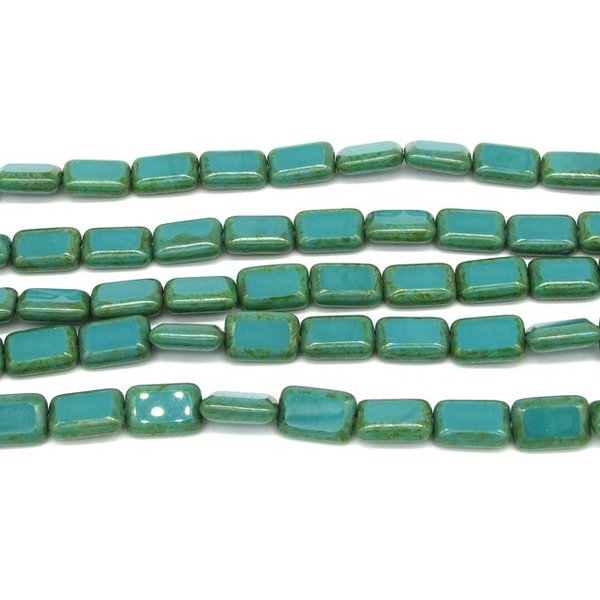 12x8mm Rectangular Window Beads, Opaque Turquoise with Green Picasso (15)