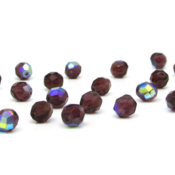 8mm Faceted Rounds, Amethyst AB Iridescent Czech Fire Polished Glass Beads(23)