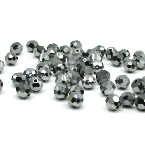 6mm Faceted Round Beads, Jet Hematite Czech Machine Cut Crystal (48)