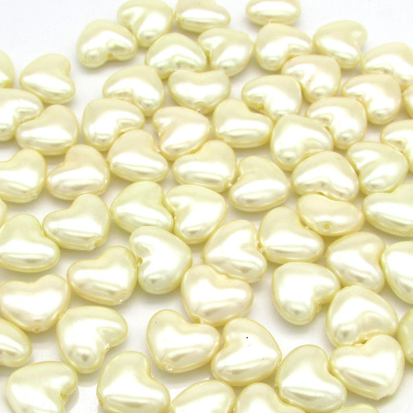 10.5mm Flat Heart Beads, Opaque Cream Vintage Plastic Pearls (24)