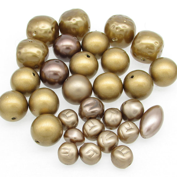 Gold Faux Pearl Bead Mixes, Vintage Opaque Plastic Rounds and Nuggets
