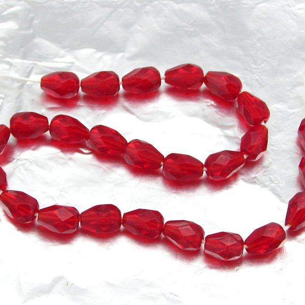 Siam Ruby 7x5mm Pear Beads, Red Czech Fire Polished Glass Faceted Teardrops