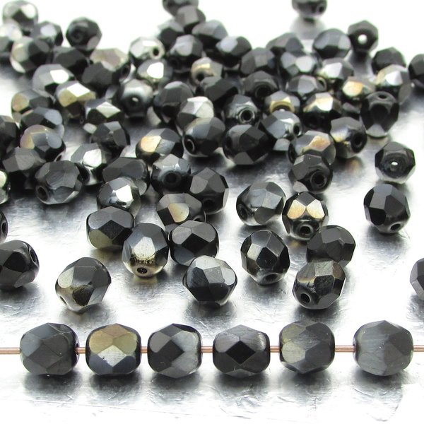 6mm Faceted Rounds, Jet Valentinite Half-Coat Czech Fire Polished Glass Beads (100)