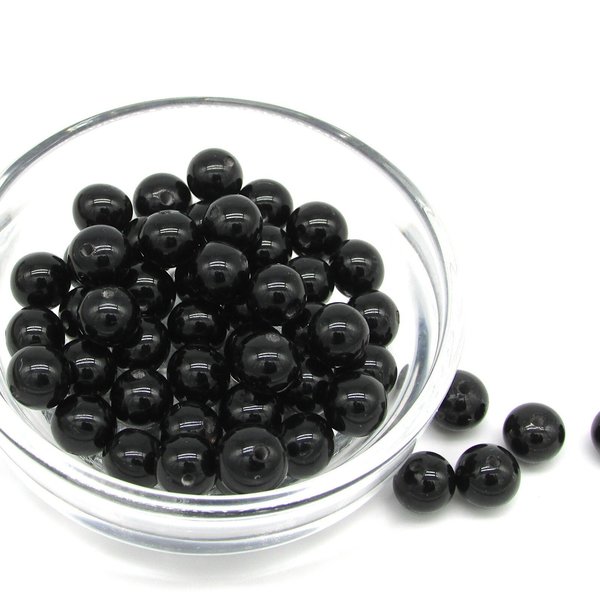 8mm Round Black Glass Beads, Glossy Opaque Jet Spacers (50)