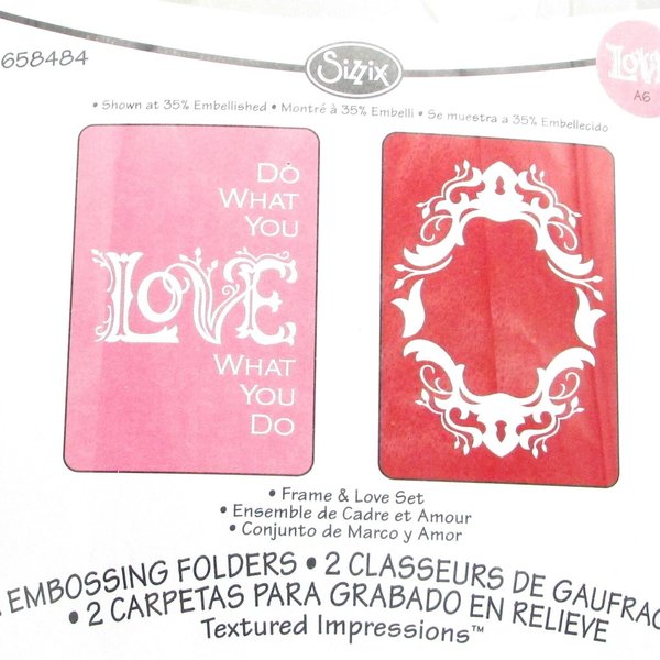 A6 Embossing Folder Set of 2 Sizzix Textured Impressions Frame and Love Set, New in Package