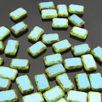 12x8mm Rectangular Window Beads, Opaque Sky Blue with Green Picasso