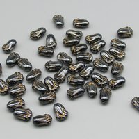 12mm Flower Beads, Hematite Gray 12x8mm Tulips with Gold Etching, Czech Pressed Glass (50)