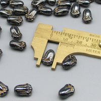 12mm Flower Beads, Hematite Gray 12x8mm Tulips with Gold Etching, Czech Pressed Glass (50)