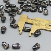 12mm Flower Beads, Hematite Gray 12x8mm Tulips with Gold Etching, Czech Pressed Glass (50)