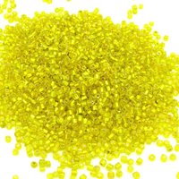 11/0 seed beads are translucent yellow glass with a silver foil lining. Tiny opaque rocailles average 2x2mm with round 0.64mm holes. 