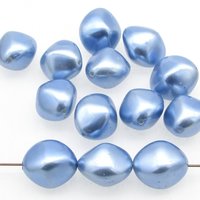 Lustrous, opaque blue plastic pearl bicone beads measure approximately 18mm long and 16mm wide. Center-drilled lengthwise holes are approximately 1mm. 
