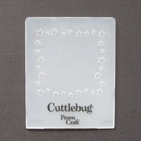 Cuttlebug embossing folder is flexible plastic with a whimsical star pattern for surrounding a square die-cut, photo, or text. Folder measures approximately 3.75 inches by 3 inches.