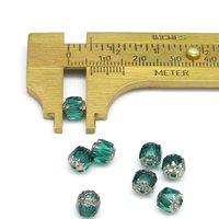 6mm Faceted Cathedral Beads, Translucent Emerald Green with Silver Etched Crowns, Czech Fire Polished Barrels