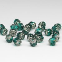 6mm Faceted Cathedral Beads, Translucent Emerald Green with Silver Etched Crowns, Czech Fire Polished Barrels