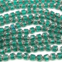 6mm Faceted Cathedral Beads, Translucent Emerald Green with Silver Etched Crowns, Czech Fire Polished Barrels