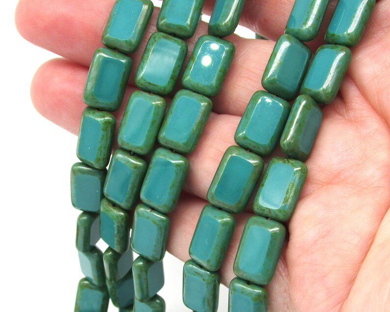 12x8mm Rectangular Window Beads, Opaque Turquoise with Green Picasso