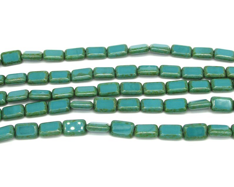 12x8mm Rectangular Window Beads, Opaque Turquoise with Green Picasso