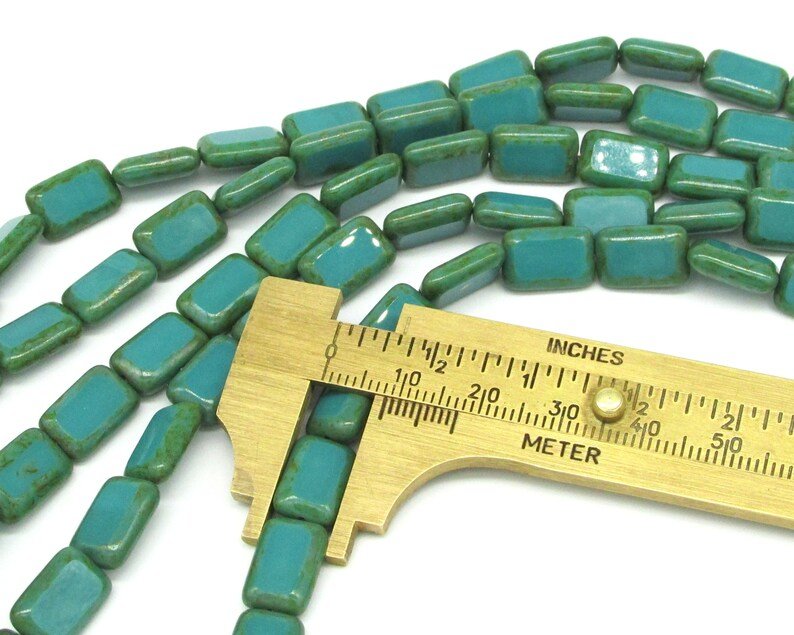 12x8mm Rectangular Window Beads, Opaque Turquoise with Green Picasso