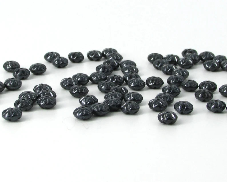 4x7mm Fluted Rondelles, Hematite Gray Pressed Glass Spacer Beads (35)