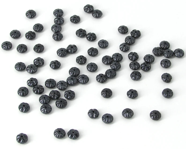 4x7mm Fluted Rondelles, Hematite Gray Pressed Glass Spacer Beads (35)