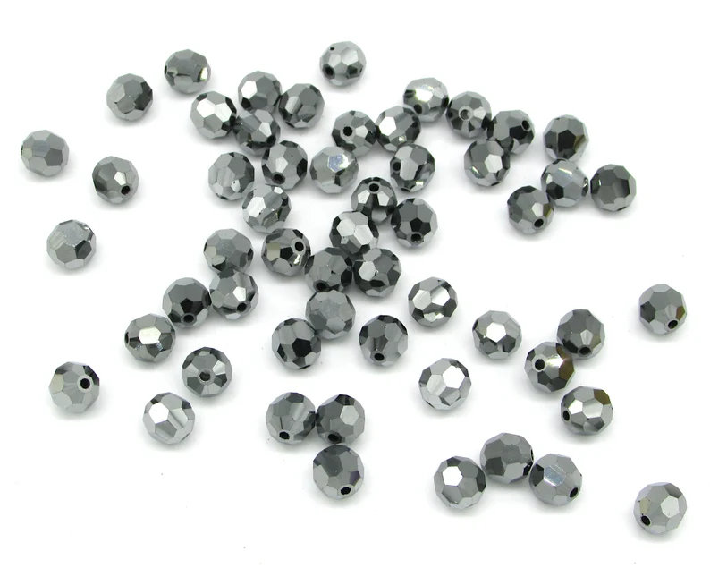 6mm Faceted Round Beads, Jet Hematite Czech Machine Cut Crystal (48)