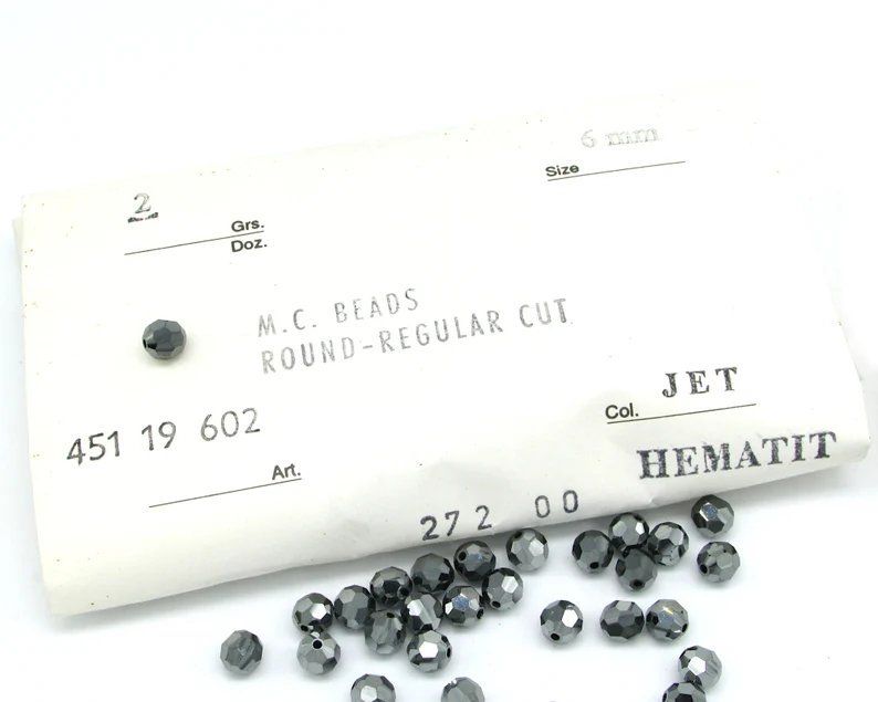 6mm Faceted Round Beads, Jet Hematite Czech Machine Cut Crystal (48)