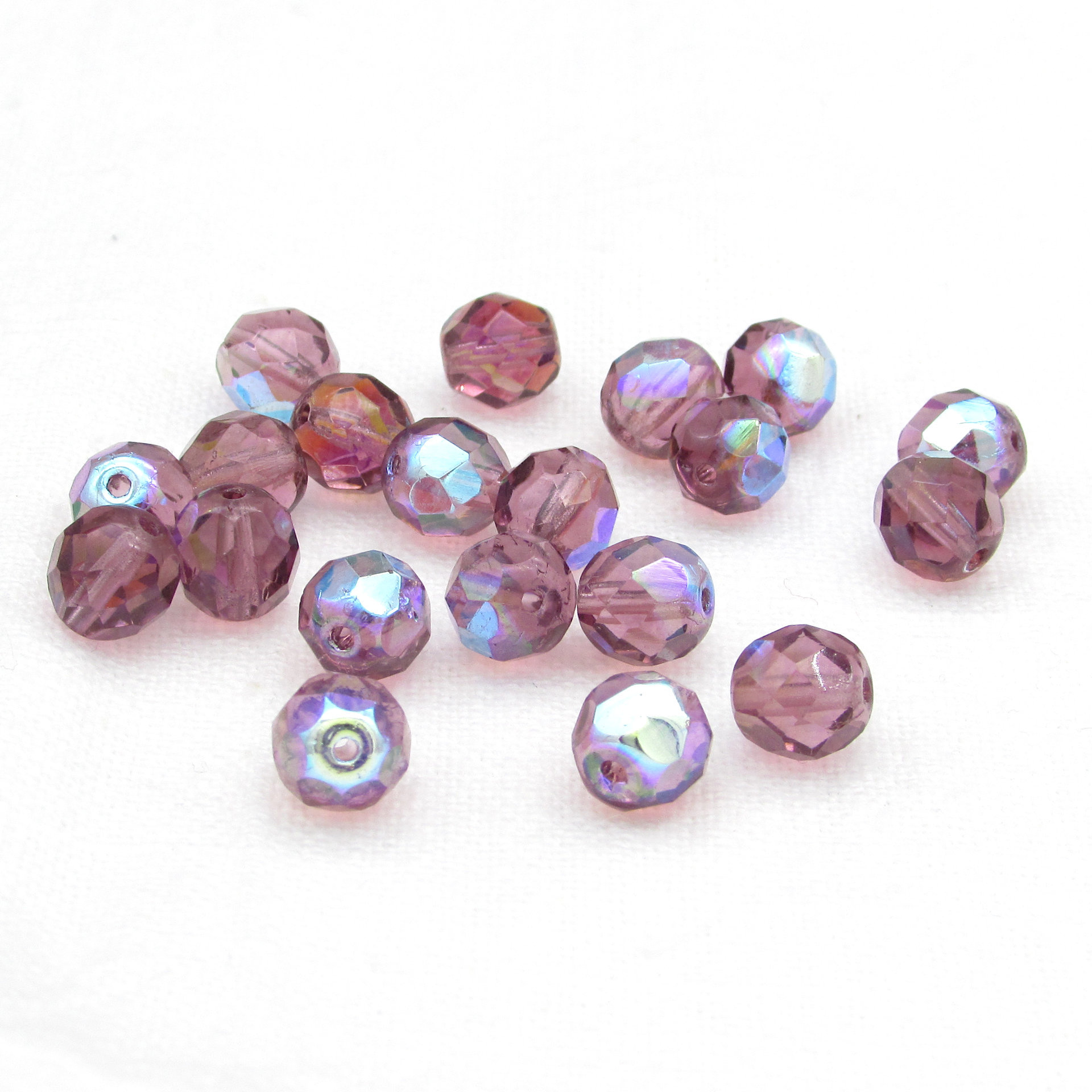 8mm Faceted Rounds, Light Amethyst AB Czech Fire Polished Glass Beads (20)
