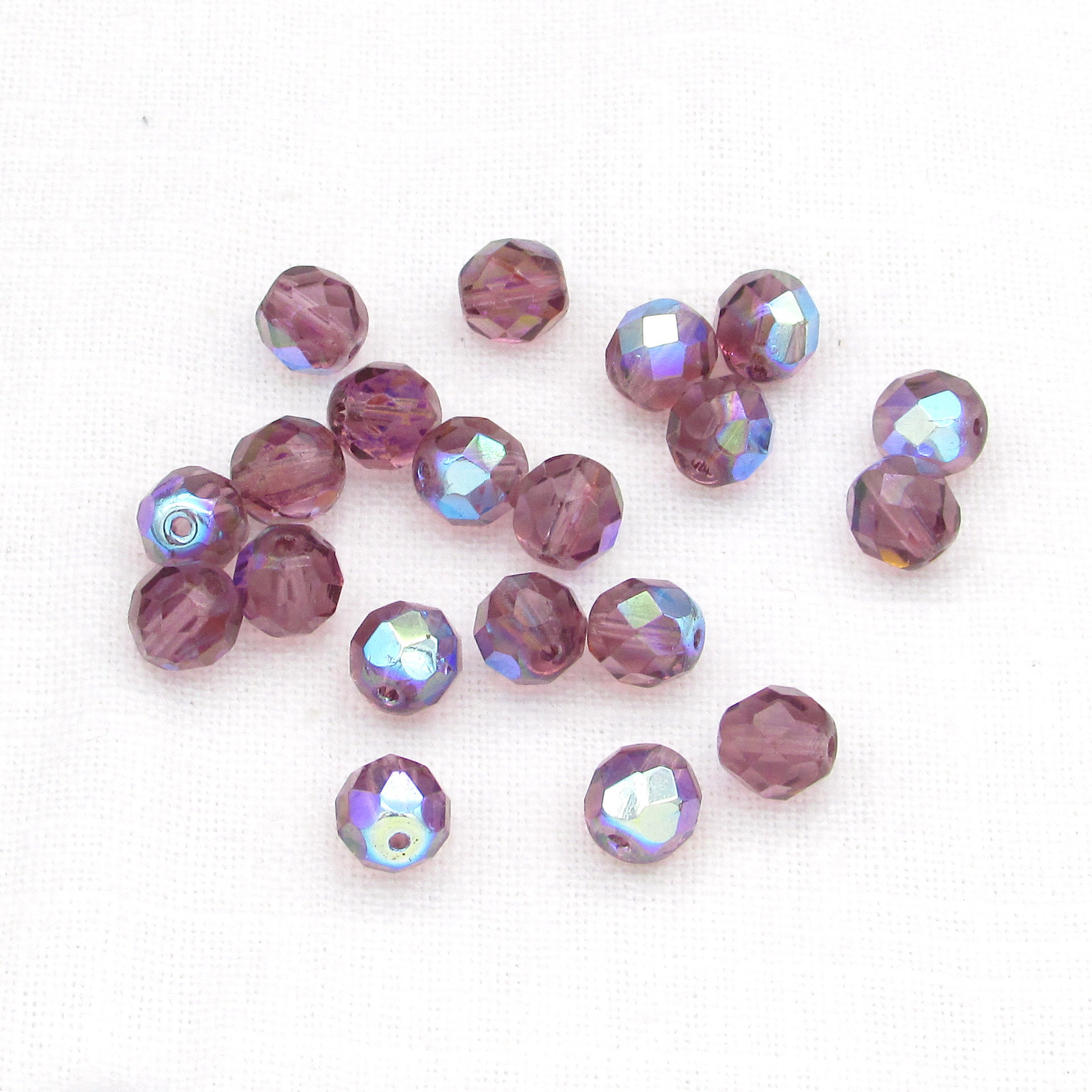 8mm Faceted Rounds, Light Amethyst AB Czech Fire Polished Glass Beads (20)