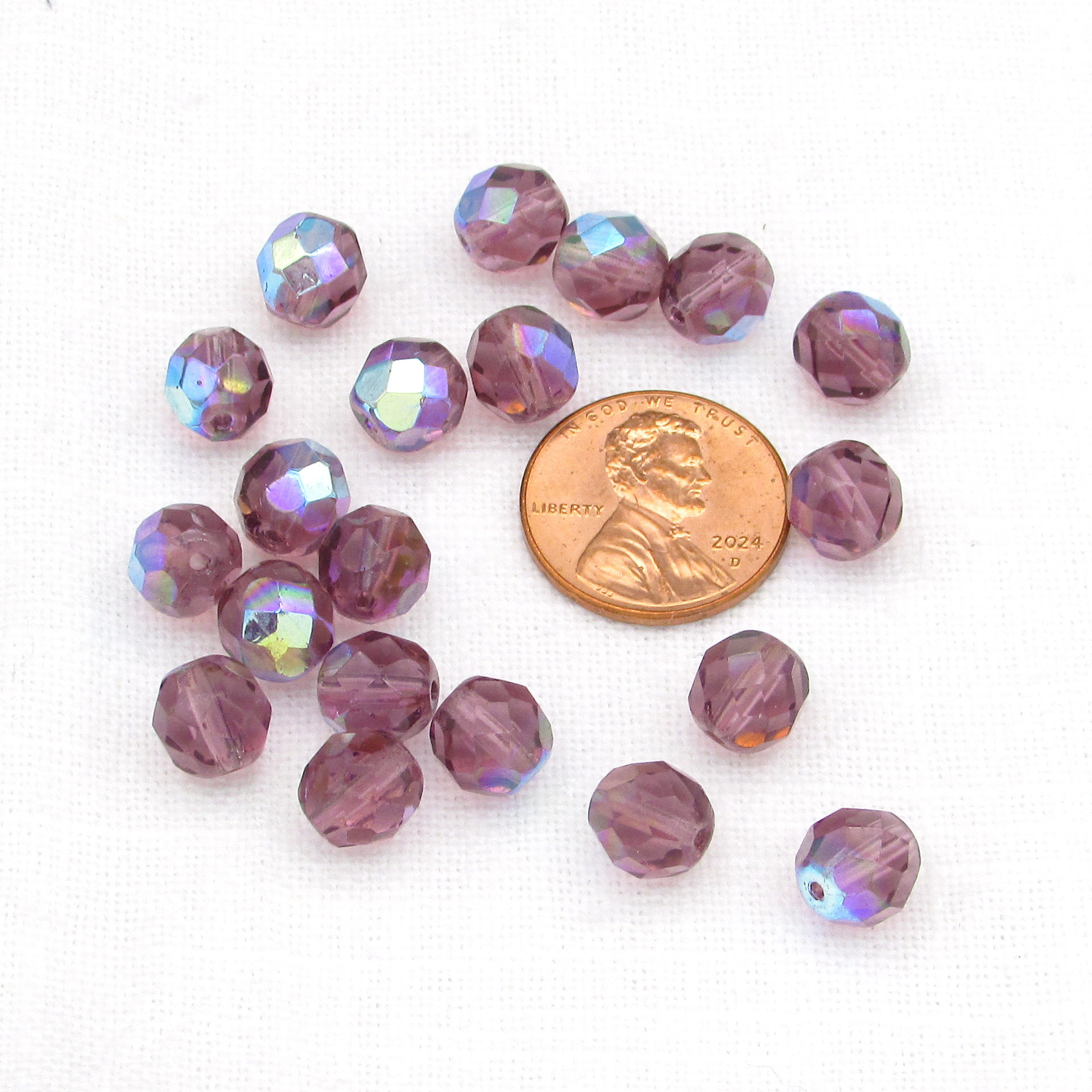 8mm Faceted Rounds, Light Amethyst AB Czech Fire Polished Glass Beads (20)