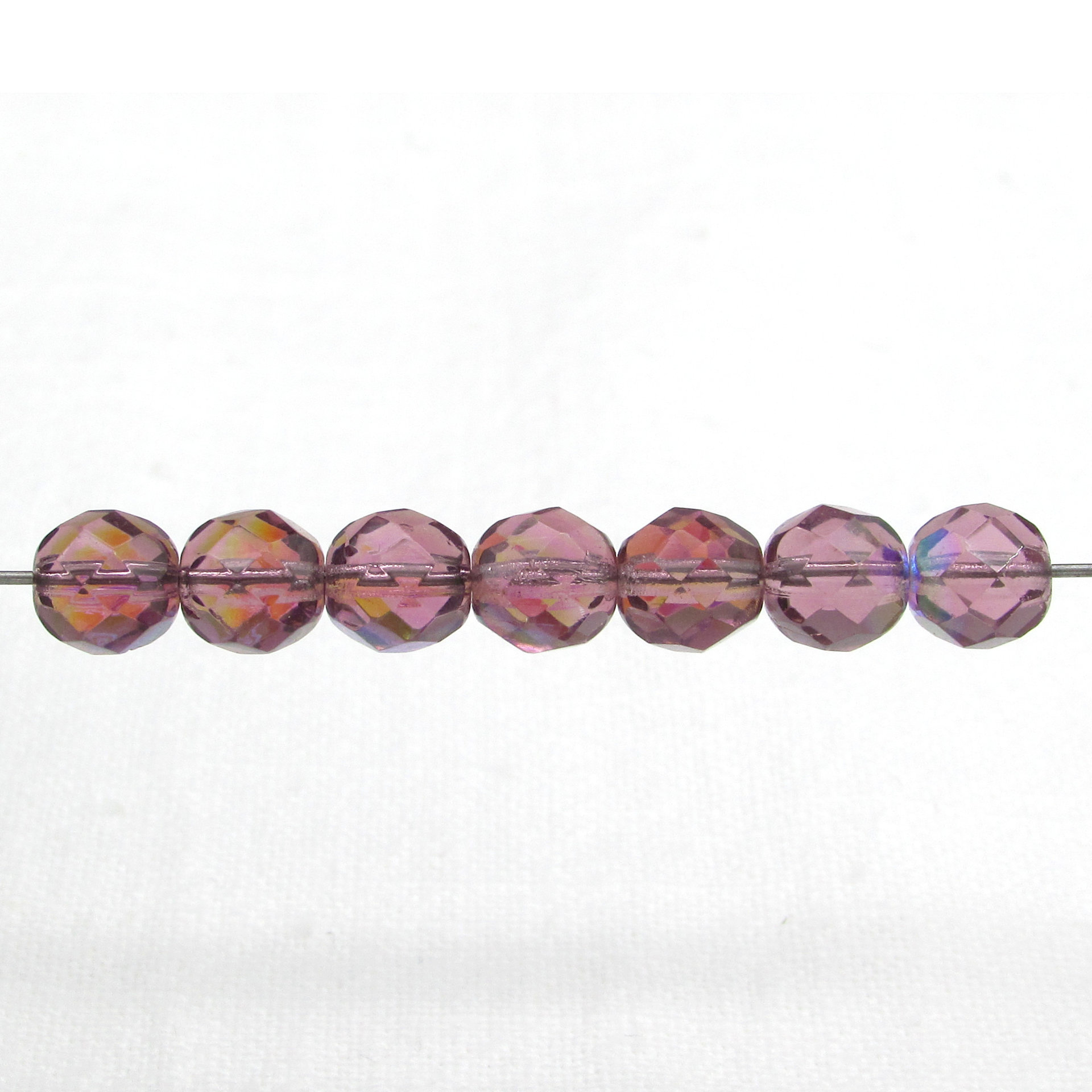 8mm Faceted Rounds, Light Amethyst AB Czech Fire Polished Glass Beads (20)