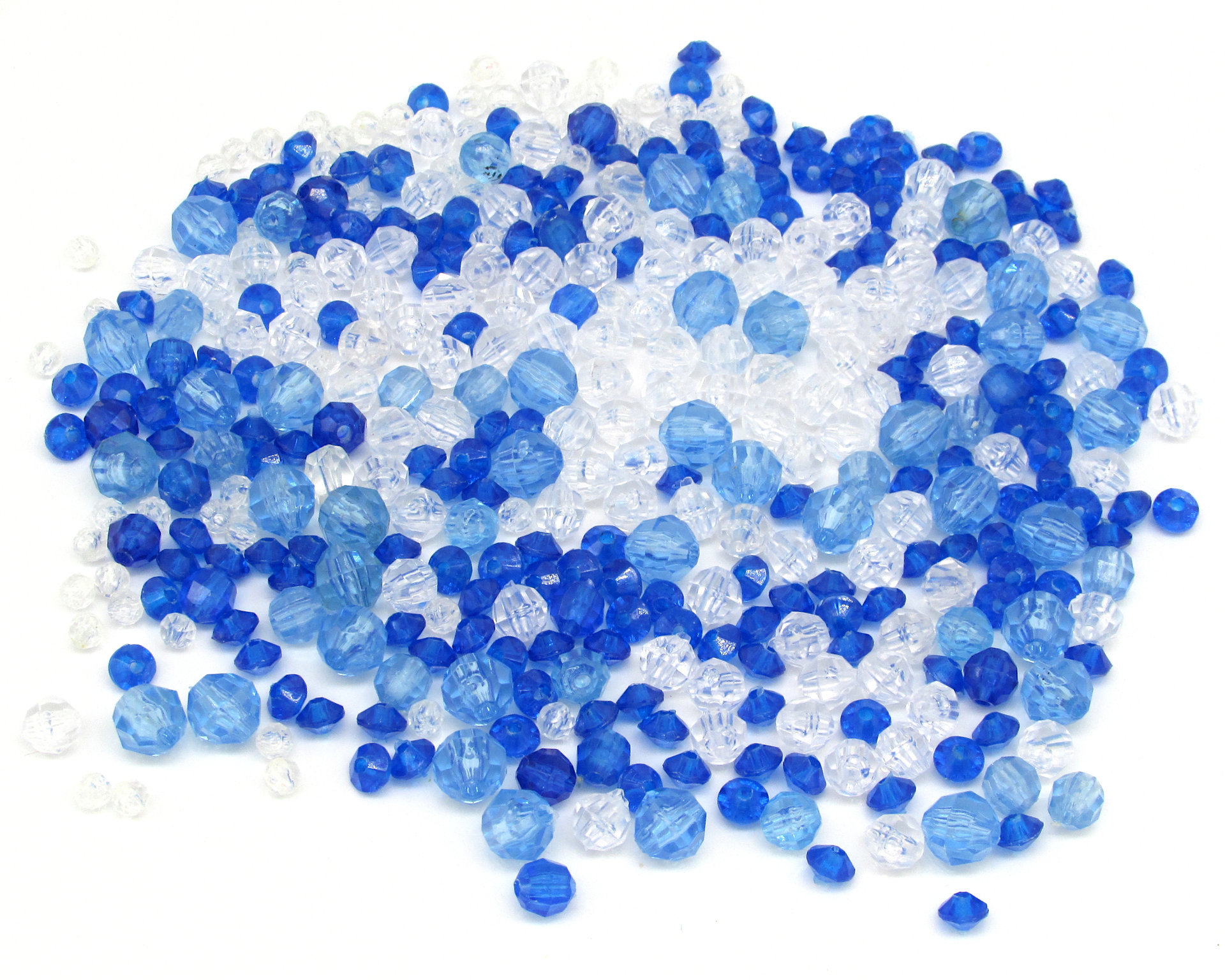 Blue and clear bead mix contains 400 faceted plastic round and rondelles. Bead size ranges from 4mm to 10.5mm.
