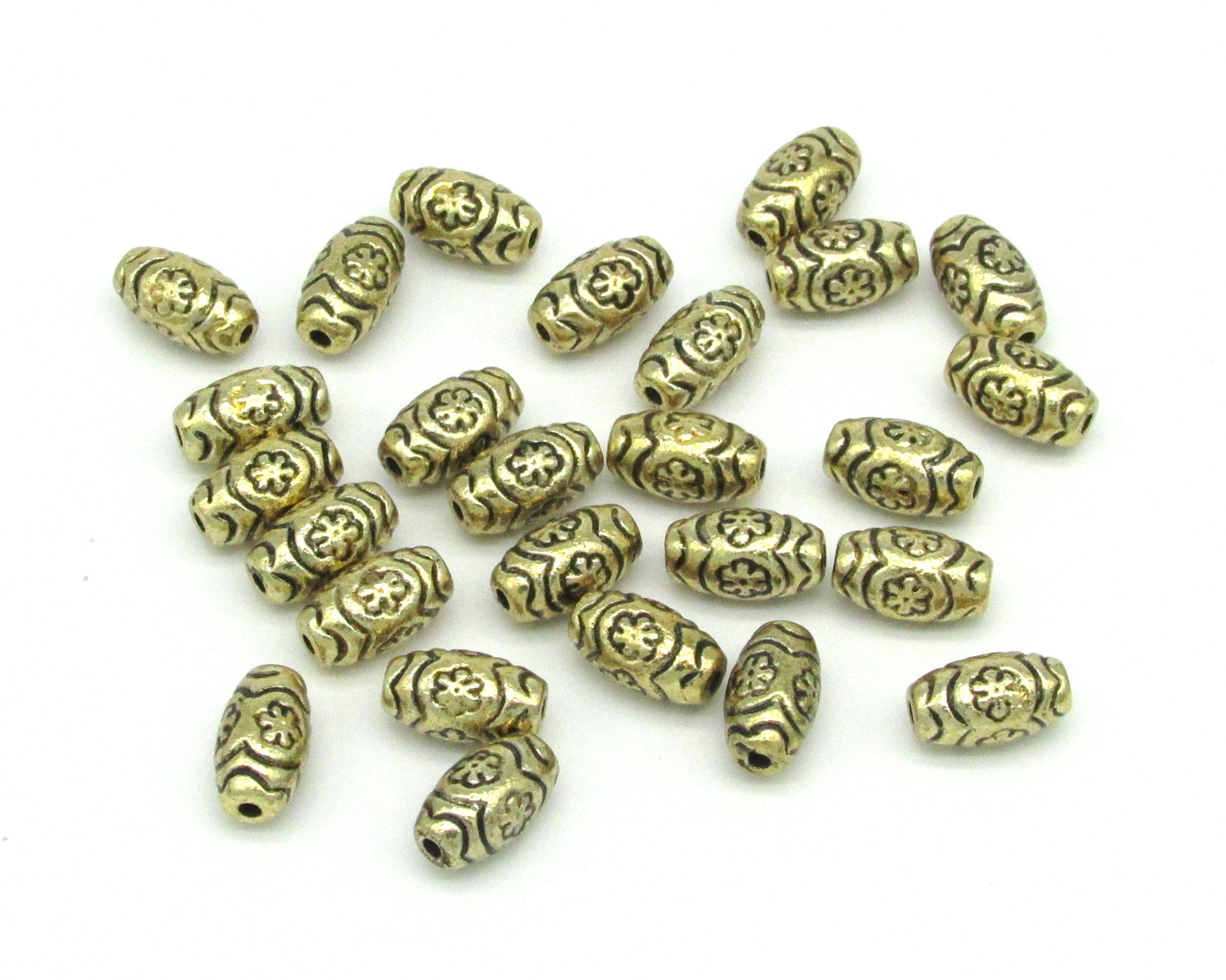 Oval Flower Beads, Antique Gold 11mm Plastic Barrels