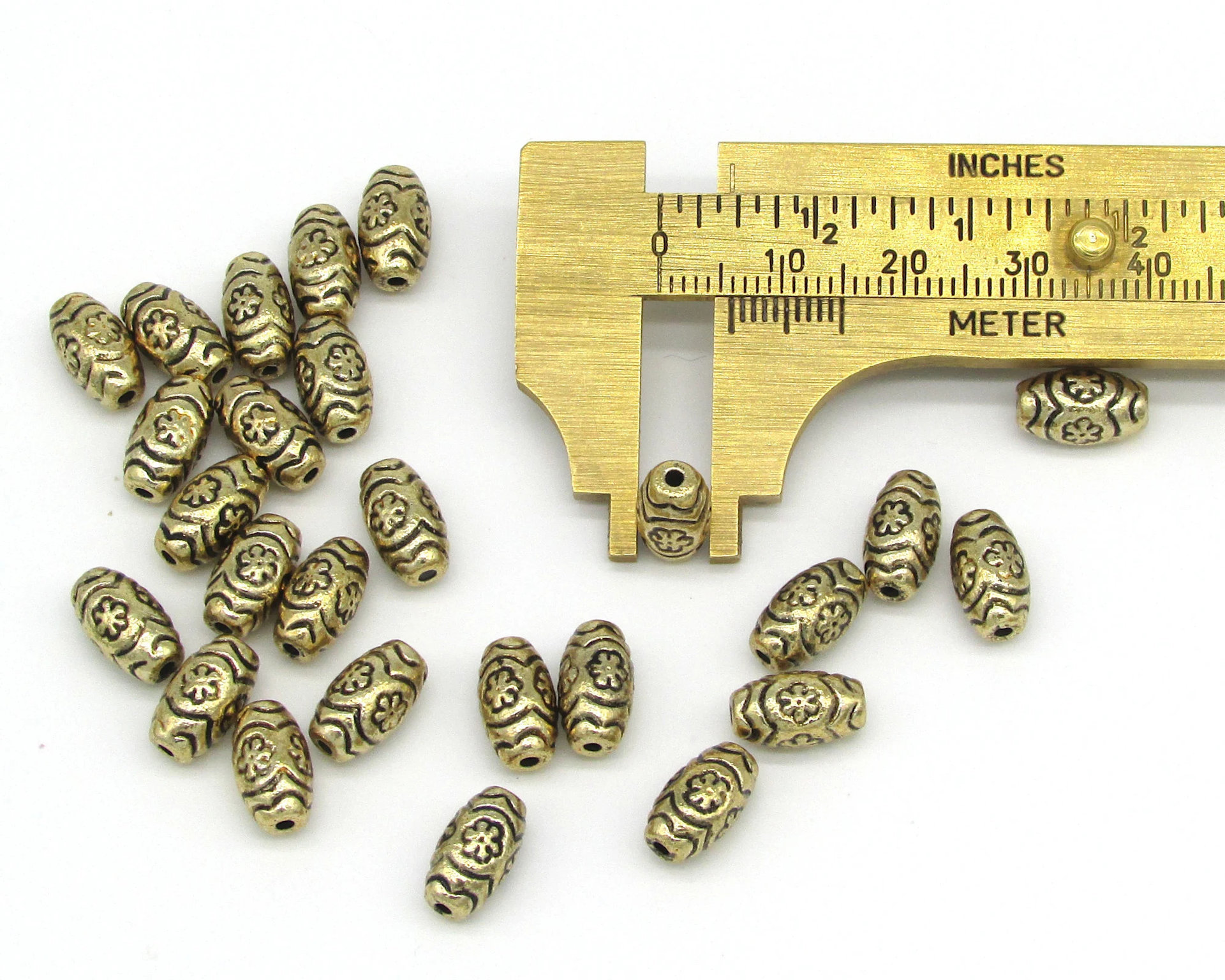 Oval Flower Beads, Antique Gold 11mm Plastic Barrels