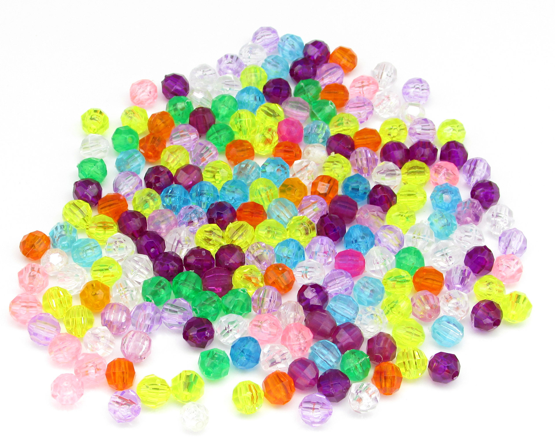 Bead mix has 200 6mm faceted plastic beads in assorted bright and pastel colors.