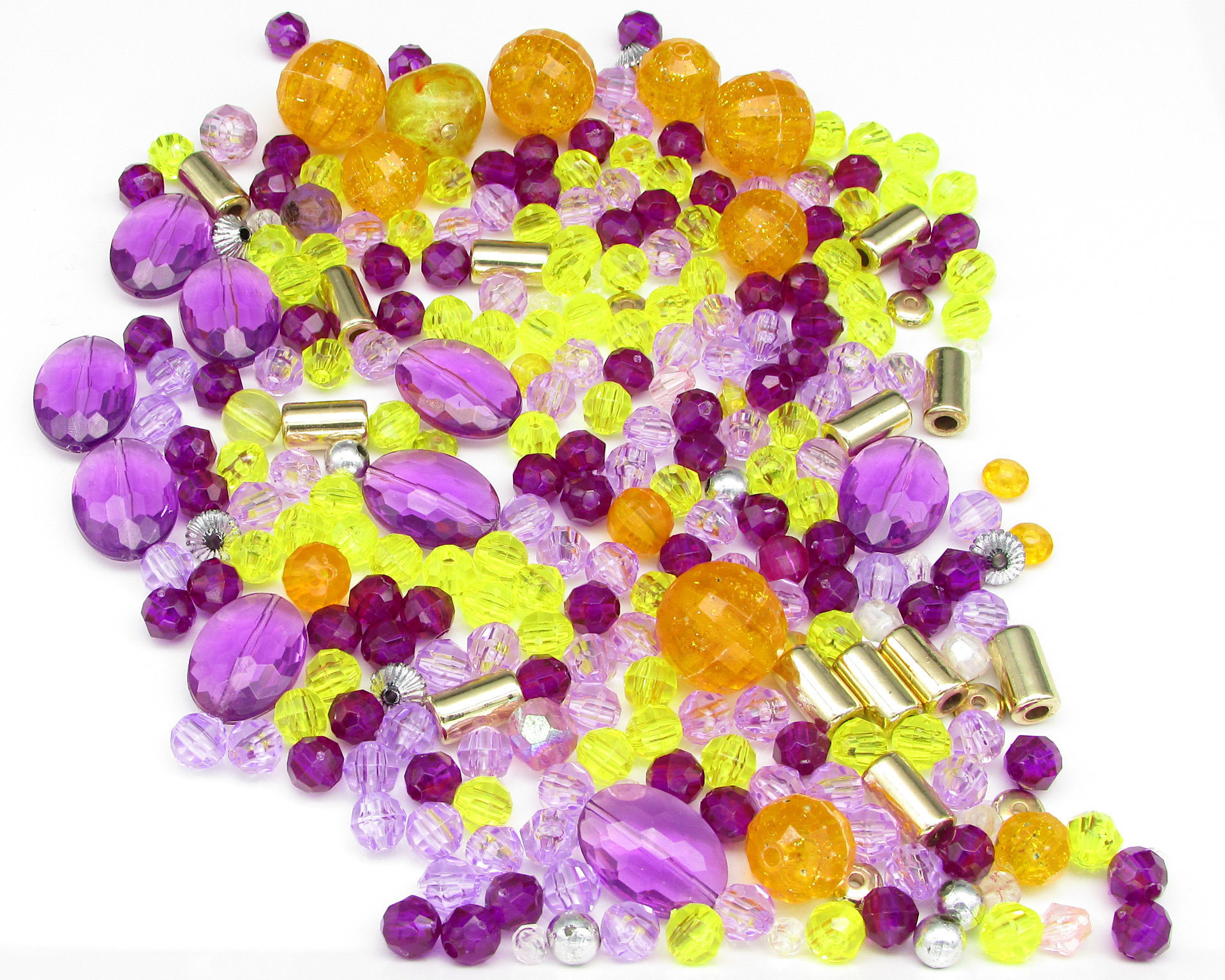 Bead mix contains 275 4-18mm vintage plastic beads in assorted shapes.  Colors include purple, orange, and yellow.