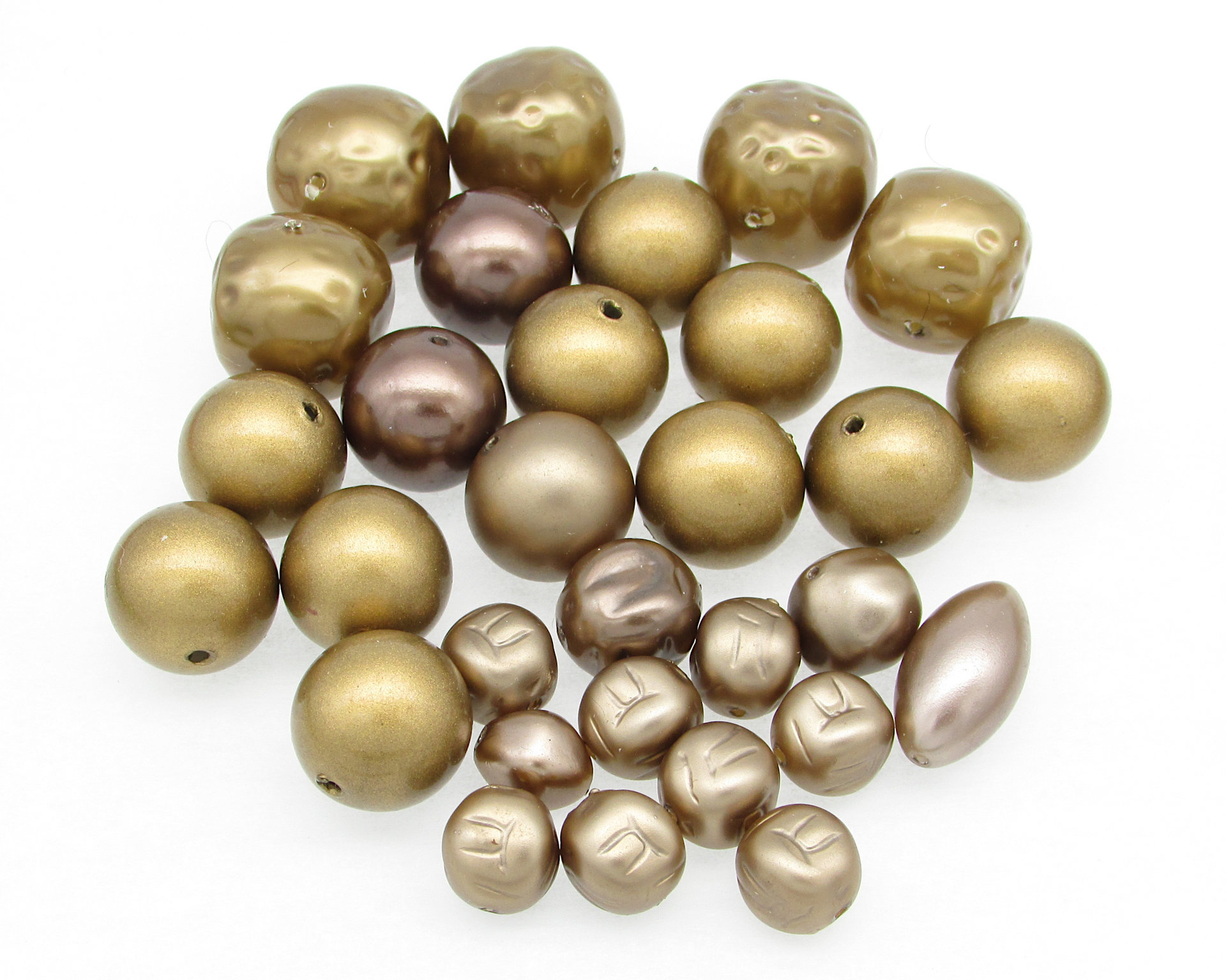 Gold Faux Pearl Bead Mixes, Vintage Opaque Plastic Rounds and Nuggets