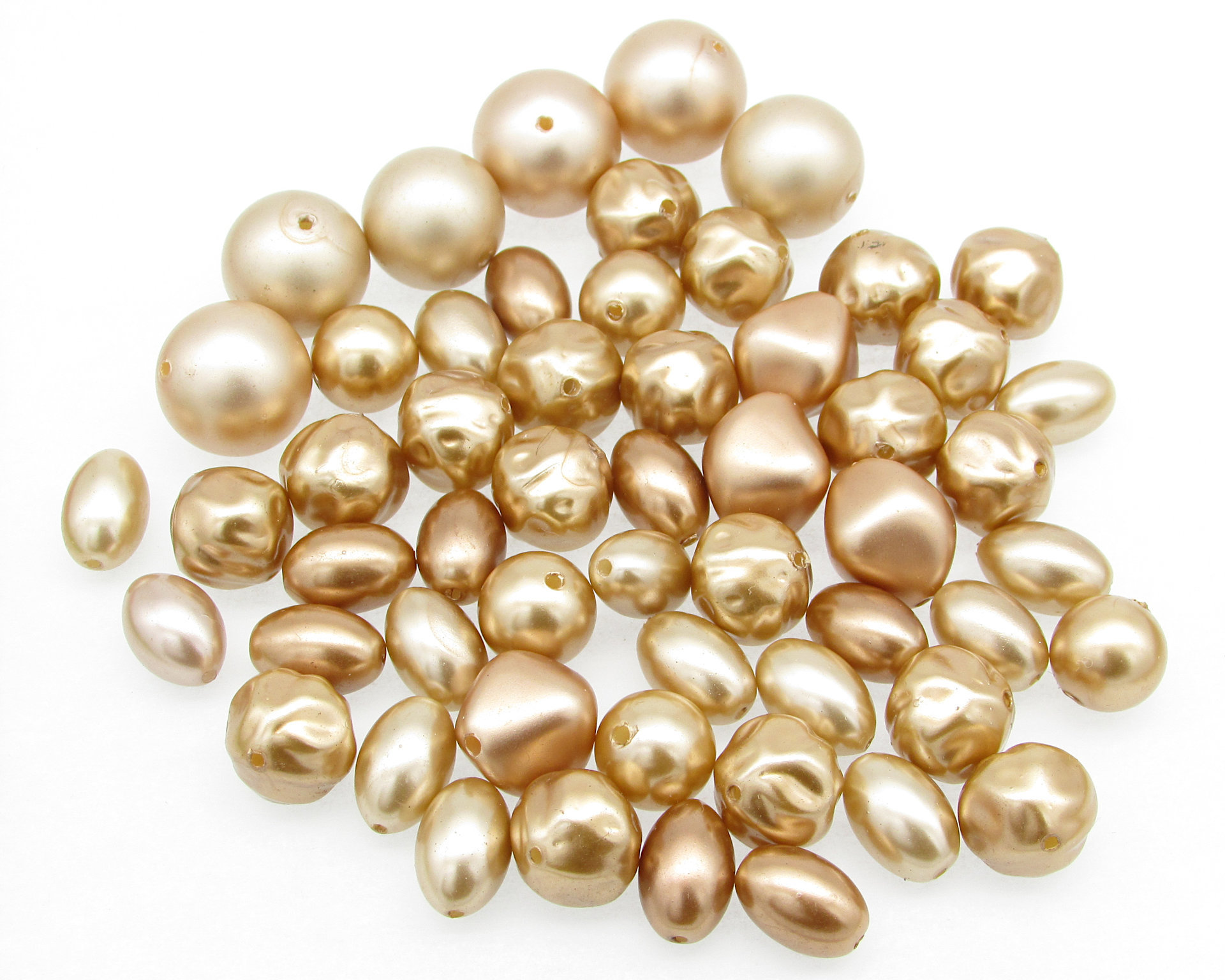 Gold Faux Pearl Bead Mixes, Vintage Opaque Plastic Rounds and Nuggets