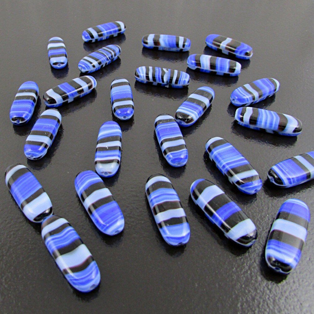 21x8mm Striped Flat Oval Glass Beads, Blue and Gray Lampwork
