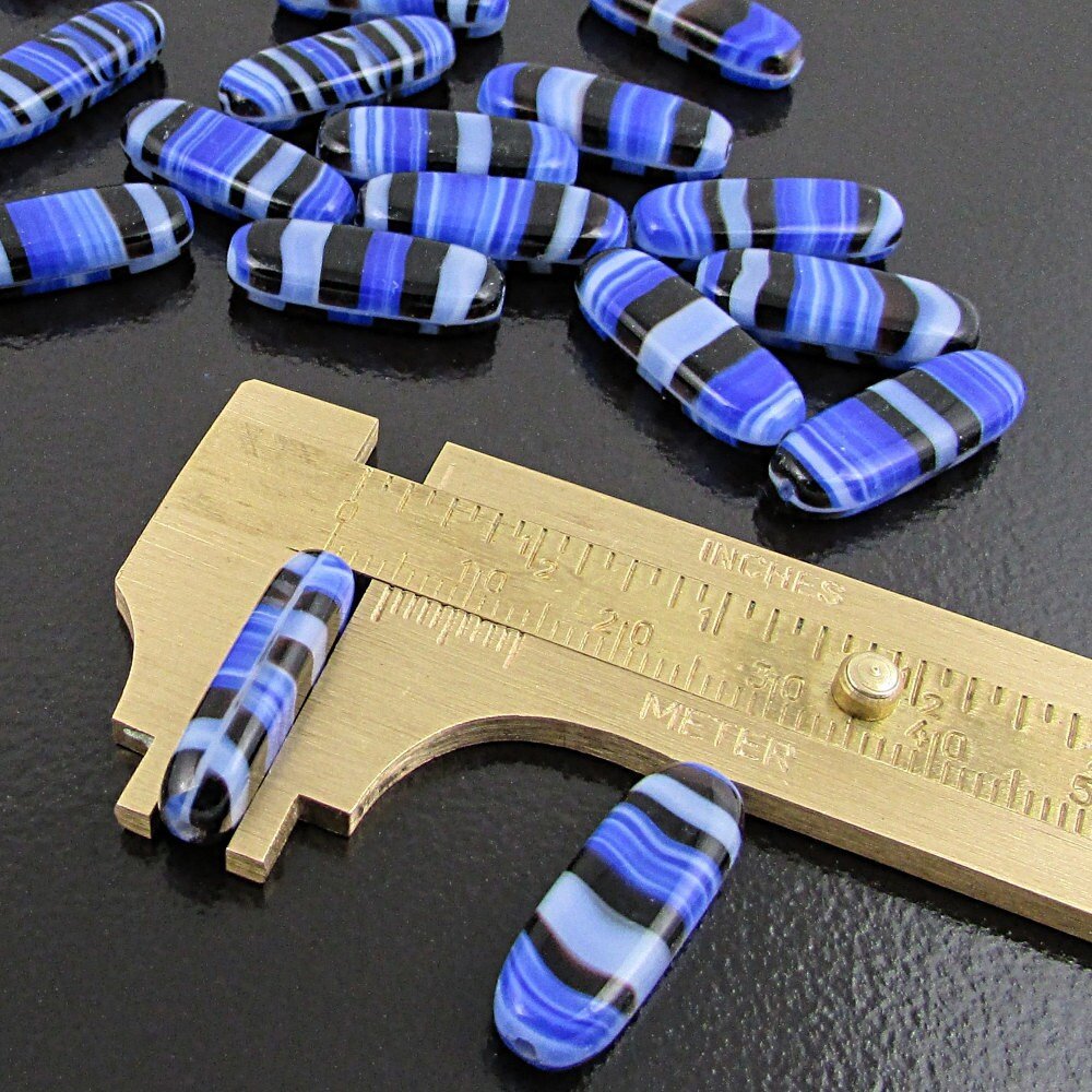 21x8mm Striped Flat Oval Glass Beads, Blue and Gray Lampwork
