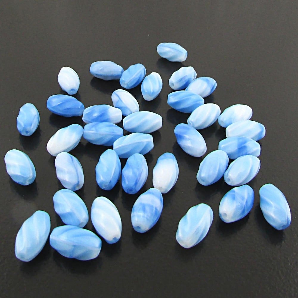 13x8mmTwisted Oval Beads, Sky Blue Czech Pressed Glass Barrels (36)