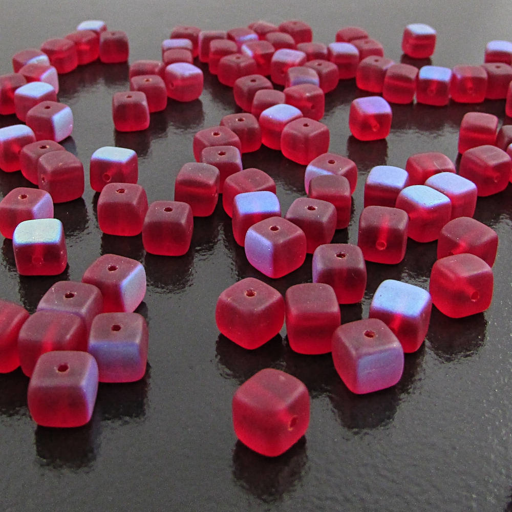 Matte Ruby Red AB 6mm Cube Beads