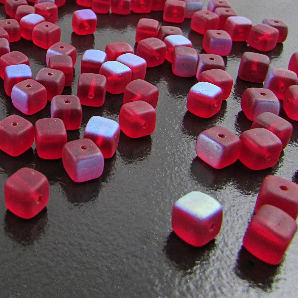 Matte Ruby Red AB 6mm Cube Beads