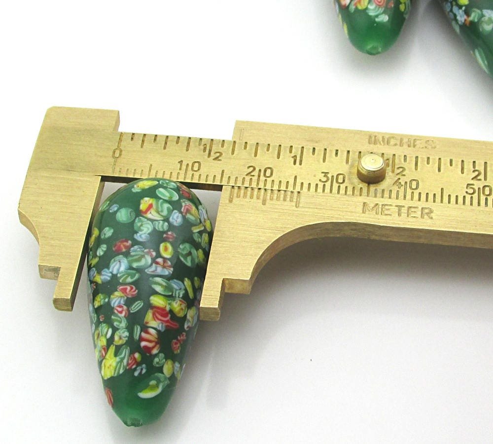 Vintage 36x18mm Teardrop Focal, Green Tombo Millefiori Glass Bead