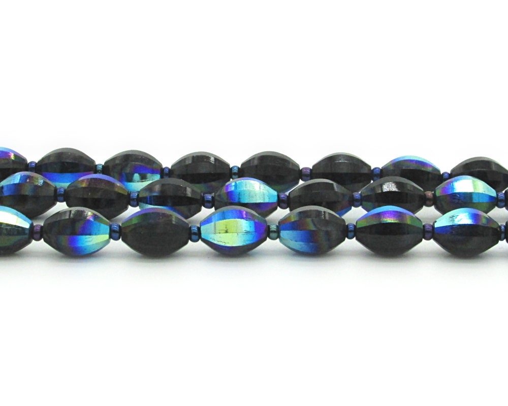 Vintage 12x8mm Faceted Oval Beads, Jet Vitrail