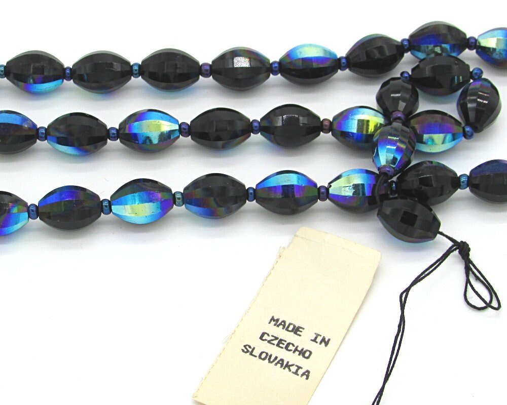Vintage 12x8mm Faceted Oval Beads, Jet Vitrail