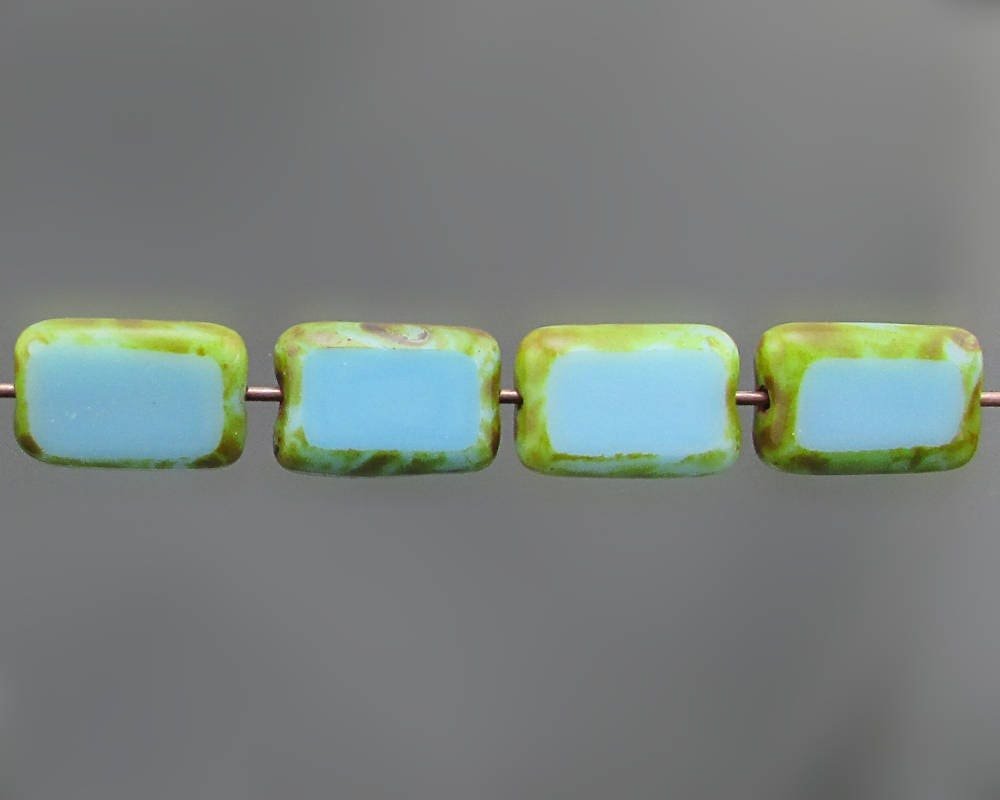 12x8mm Rectangular Window Beads, Opaque Sky Blue with Green Picasso