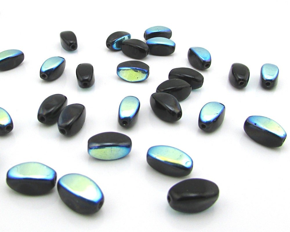 11x6mm Ovals, Jet Vitrail Czech Pressed Glass Beads