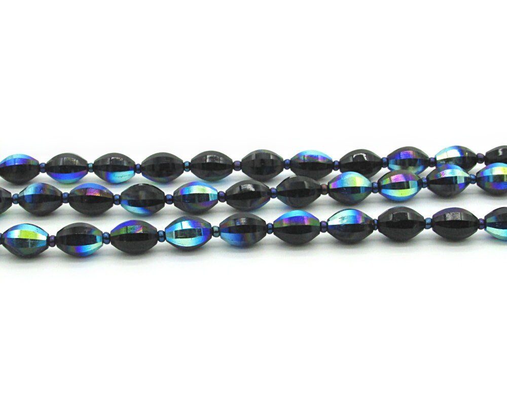 Vintage 12x8mm Faceted Oval Beads, Jet Vitrail