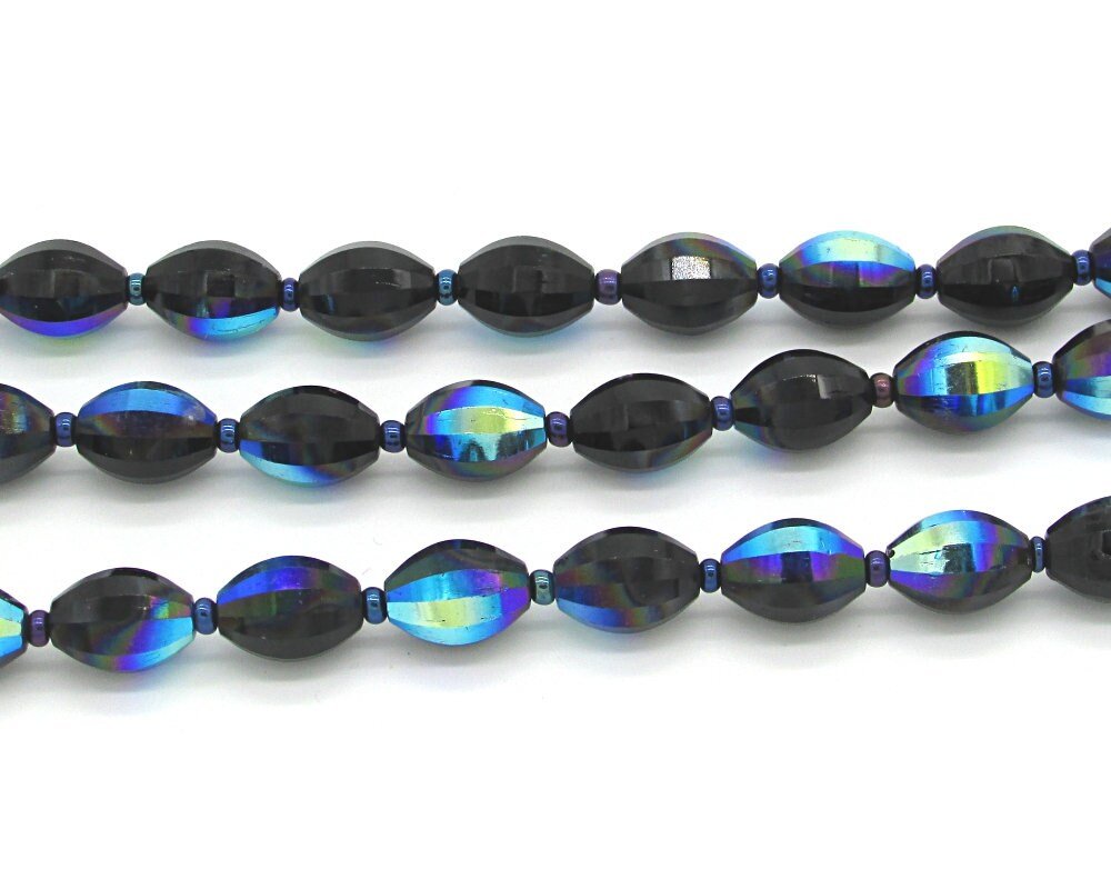 Vintage 12x8mm Faceted Oval Beads, Jet Vitrail