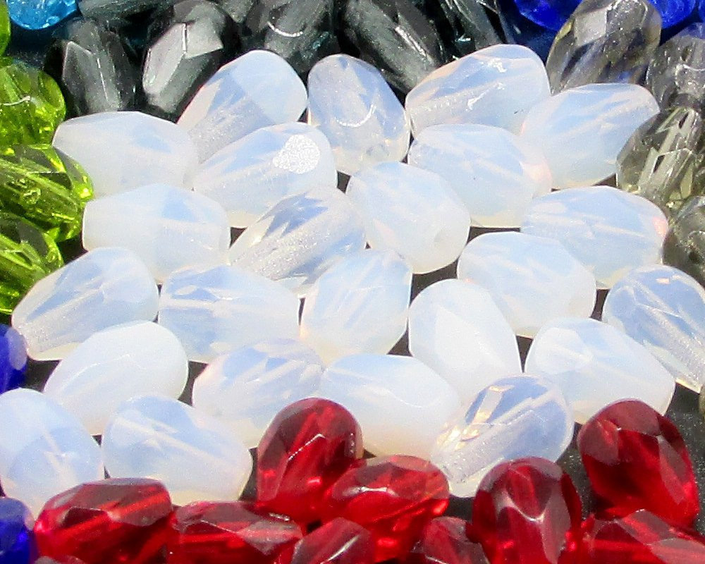 7x5mm Czech glass faceted beads are semi-translucent opaline teardrops with lengthwise 1mm diameter holes. These small, fire polished pear-shaped milky white beads can be used as spacers to contrast with larger crystal beads. 